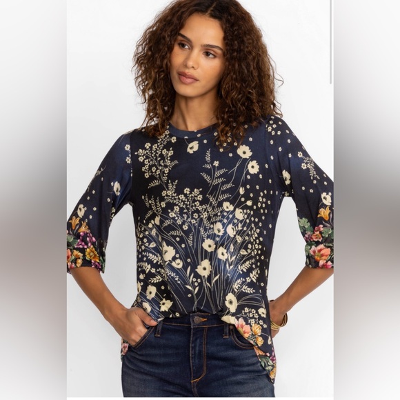 Johnny Was Tops - Johnny Was The Janie Favorite Puff Sleeve Top, floral boho navy blouse, large